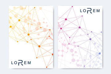 Scientific brochure design template. Vector flyer layout, Molecular structure with connected lines and dots. Scientific pattern atom DNA with elements for magazine, leaflet, cover, poster design.