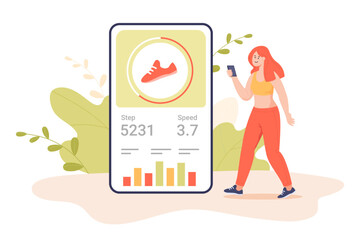 Poster - Huge phone and active woman using fitness tracker mobile app. Application for collecting health data, counting steps and calories flat vector illustration. Sports, outdoor activity, technology concept