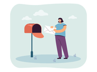 Aufkleber - Happy woman sending message via letterbox. Girl putting letter or envelope in mailbox flat vector illustration. Communication, mail concept for banner, website design or landing web page