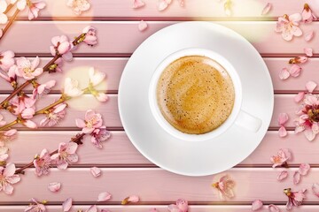 Poster - Spring composition with coffee and blooming flowers on the desk