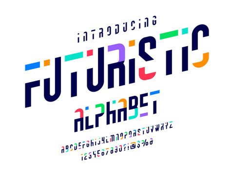 Colorful abstract style alphabet design with uppercase, numbers and symbols