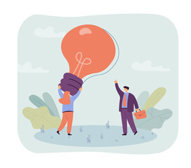Poster - Businessman and female colleague holding huge lightbulb. Office workers with new idea or innovation flat vector illustration. Teamwork, start-up, strategy concept for banner or landing web page