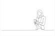 Drawing of business woman using cell phone. Having Conversation, typing sms or presenting. Single line art style