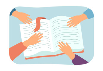 Aufkleber - Hands of cartoon people reaching for open book. Students doing homework or studying together flat vector illustration. Teamwork, education, literature concept for banner or landing web page