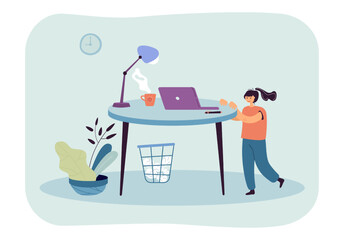 Poster - Little girl in home office of mother or father. Cute kid standing next to table with laptop flat vector illustration. Remote work, family concept for banner, website design or landing web page