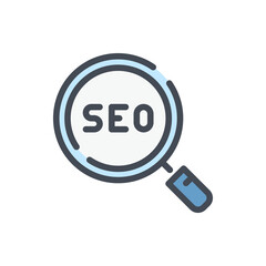 Fototapete - SEO research color line icon. Magnifier glass with SEO vector outline colorful sign.