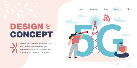 Wall Mural - Tiny male and female characters with huge 5G symbol. Woman with spyglass and man with laptop, radio tower flat vector illustration. Internet, technology, connection concept for banner, website design