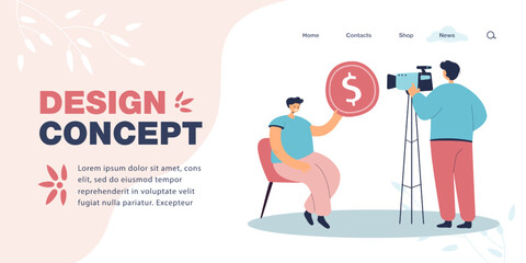 Poster - Man giving coin to videographer flat vector illustration. Director recording man on camera. Client paying to producer to shoot video. Income concept for banner, website design or landing web page