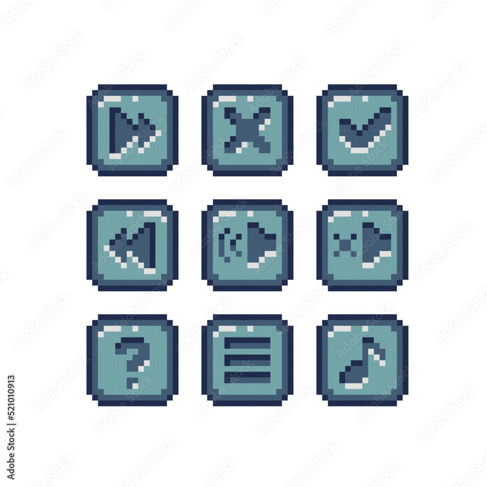 Interface buttons pixel art set. Menu panel collection. 8 bit sprite ...