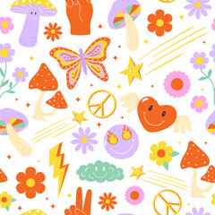 Fototapete - Seamless vector pattern with colorful groovy elements. 70s, 80s, 90s vibes funky background. Retro texture for wallpaper, wrapping paper, textile and other designs