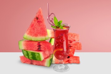 Canvas Print - Tasty ripe fresh watermelon juice or smoothie in glasses with watermelon pieces. Refreshing summer drink