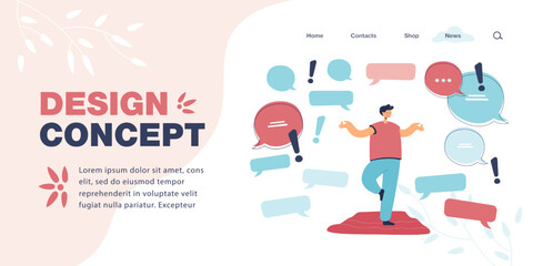 Poster - Man standing in tree pose surrounding by text bubbles. Person staying focused in flow of information flat vector illustration. Calm, technology concept for banner, website design or landing web page