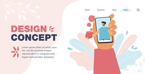 Wall Mural - Hand holding phone with doctor on it flat vector illustration. Woman prescribing pills to patient according symptoms. Online medical consultation concept for banner, website design or landing web page