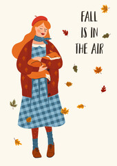 Wall Mural - Autumn illustration. Cute girl with a fox. Vector design for card, poster, flyer, web and other.