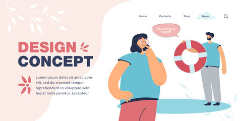 Poster - Therapist or friend holding lifebuoy as symbol of help. Woman thinking of therapy flat vector illustration. Psychology, support, mental health concept for banner, website design or landing web page