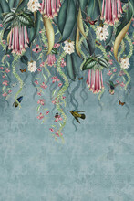 Wallpaper Pattern Tropical Plants And Flowers Hanging Climbing Birds Background Tiffany Vintage Painting.