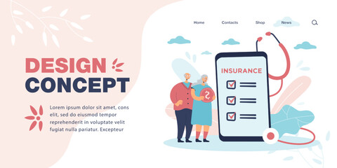 Poster - Old couple standing next to big phone with medical insurance. Pensioner with gold coin, checklist on screen flat vector illustration. Elderly care, medicine, health, technology concept for banner