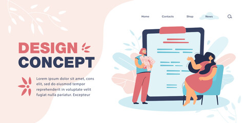 Poster - Tiny bank worker and client with huge legal document. Woman holding gold coins and banknotes flat vector illustration. Finances, loan, investment concept for banner, website design or landing web page