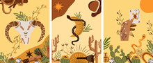 Set A Wild West Poster With An Animal Skull, A Mystical Snake Around The Moon, A Cowboy Hat, A Gun, A Hand Holding A Cards, And More. Further Old West In Flat Style. Vector Illustration.