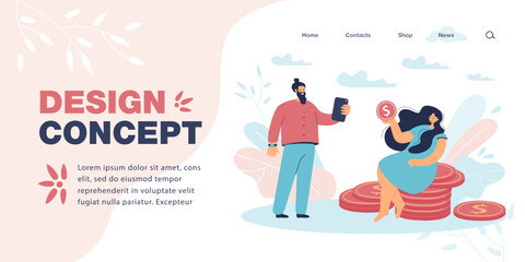 Poster - Woman posing for man while sitting on stack of gold coins. Female character earning money flat vector illustration. Finances, wealth, success concept for banner, website design or landing web page