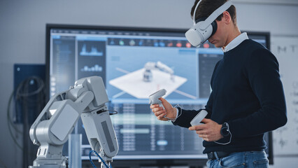 Poster - Mechanical Engineer Student Wearing Virtual Reality Headset and Holding Controllers, Uses VR technology for Industrial Design, Development, Prototyping in Robotics. High Tech Concept
