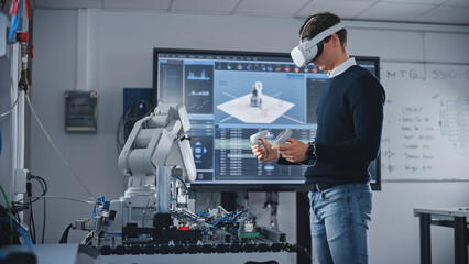 Poster - Student Engineer Using Virtual Reality Software for His Project. Man with Headset and Controllers Studying at Modern University in Classroom. Futuristic and High Tech Concept.