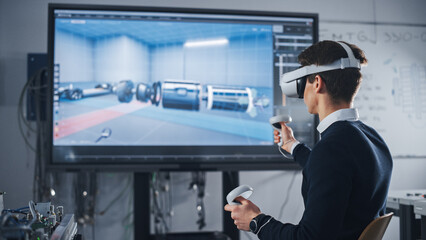 Poster - Student Mechanical Engineer in VR Headset and Controllers, Uses VR Technology for Industrial Design, Development, Prototyping in CAD Software on Computer. Augmented Reality Concept.