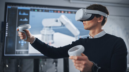 Poster - Student Engineer Wearing Virtual Reality Headset Holding Joysticks and Controlling Bionic Limb While Actions Displayed on Screen. Modern Equipment and Computer Science Education in University Concept.