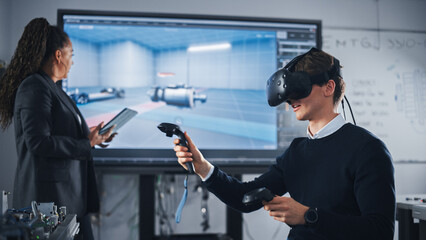 Poster - Black Teacher Typing on Tablet and Supervising While Her Student Wearing VR Headset and Using Controllers. Virtual Reality Technology For Industrial Design, Development, Prototyping in CAD Software.