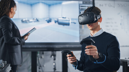 Poster - Black Teacher with Tablet Giving Advice to Student in Virtual Reality Headset, Uses VR Technology and Prototyping in CAD Software with Controllers. Futuristic University and Augmented Reality Concept.