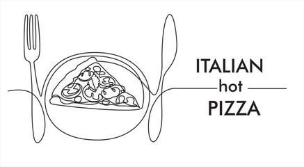 Continuous one line drawing of Italy pizza for restaurant logo badge. Italian pizzeria logotype template concept isolated on white background. Trendy single line draw design with quote template.