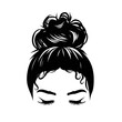 Hand drawn girl with messy hairstyle - hair bun. Mom life style clip art for prints