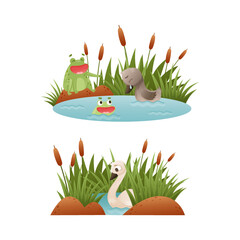 Wall Mural - Duck Floating in Pond with Reeds and Grey Ugly Duckling Crying Suffering from Bullying as Fairytale Vector Set