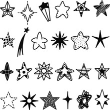 Black Doodle Star. Sketch Stars For Best Rating, Isolated Hand Drawn Christmas Decoration. Sketchy Ink Or Marker Decorative Neoteric Sky Vector Clipart