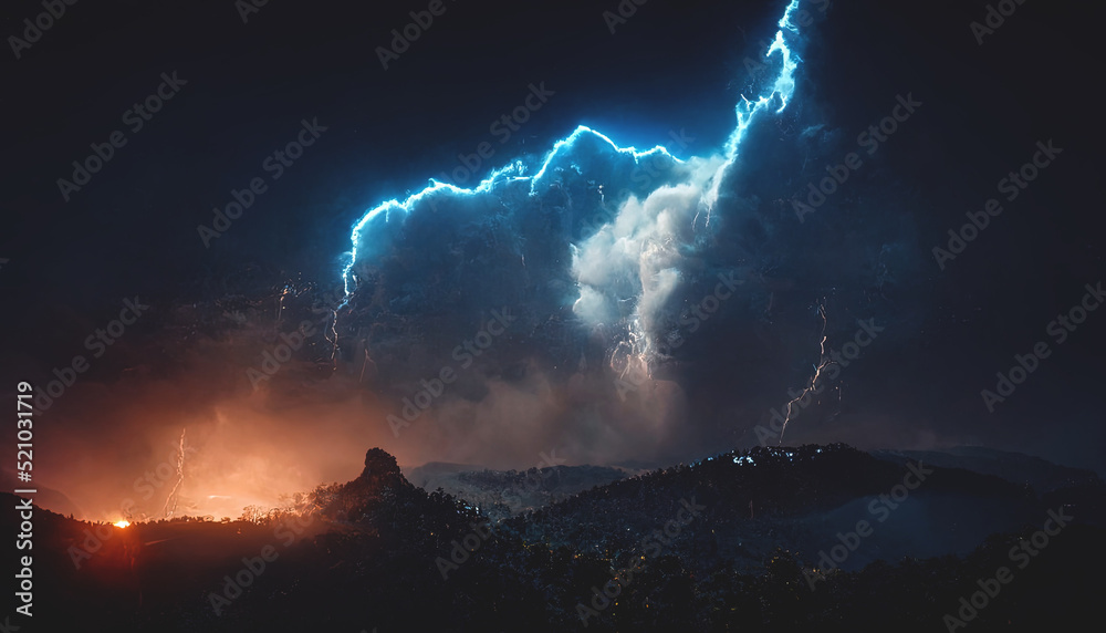 Dark dramatic stormy night sky with lightning bolts. Night.mountain ...