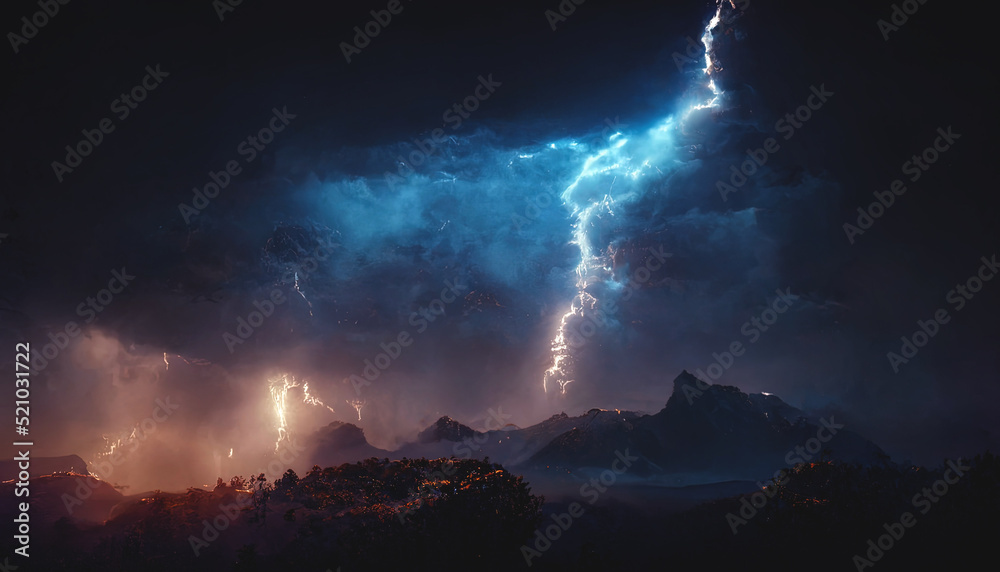 Dark dramatic stormy night sky with lightning bolts. Night.mountain ...