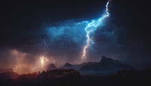 Dark Dramatic Stormy Night Sky With Lightning Bolts. Night.mountain Landscape. Flashes Of Light From Thunder And Lightning. 3D Illustration.