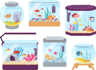 Wall Mural - Aquarium fish. Colourful fish in tank, algae and tropical goldfish in seawater. Beautiful pet, ocean underwater world in fishbowl decent vector set