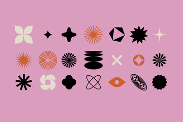 Vector set of different geometric shapes and elements. Brutalist design icons and signs. Basic forms.
