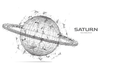 Leinwandbilder - Abstract futuristic digital Saturn planet triangle and dots particle in copy space vector. Low poly sphere with black outline wireframe scifi technology background.
