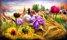 Magic Abandoned City In A Field Of Flowers Landscape, Murals Of Flowers On The Sides Of The Abandoned Buildings. Field Big Flowers. 3d Illustration