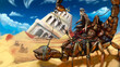 A group of scorpion riders travel through the desert, a sand-covered building and a market near it can be seen in the distance. Digital drawing style, 2D illustration.