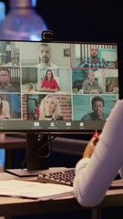 Poster - Vertical video: Office worker attending business meeting videocall conference with colleagues, talking on remote videoconference with webcam on computer. Online teleconference chat on internet app.