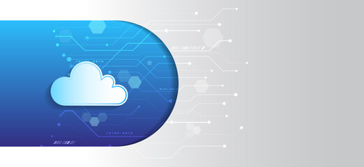 Poster - Cloud computing, media server. Futuristic Hosting server. Abstract datacenter, network system. Web hosting vector banner.