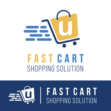Initial u letter in trolley cart shopping logo with speed symbol for fast online shopping delivery logo concept	