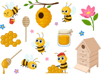 Wall Mural - Cartoon bee and honey isolated sweet characters for child. Honeycomb, cute bees and jar of healthy sweets. Flying delivery, insects garish vector set