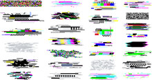 Digital Decay Elements. Television Glitch Effects, Screen White Noise And Censored Textures. Geometric Darkness Bright Glitches. Pixel Error Racy Vector Set