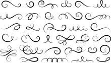Calligraphy Flourish Swirls. Decorative Filigree And Ornamental Hand Design. Modern Flourishes Isolated Swashes, Cursive Separator Swirl Racy Vector Set