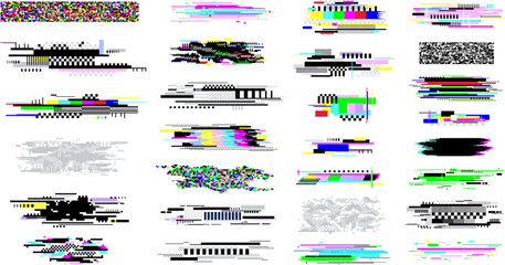 digital decay elements. television glitch effects, screen white noise and censored textures. geometr