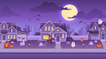 Halloween Street Houses. Decorated Haunted House Background, Horror Carnival Night City With Creepy Pumpkin Building Decoration Or Scarecrow On Porch, Ingenious Vector Illustration